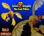 Gold Dragon. Invizimals The Lost Tribes. δράκος χρυσού με τέσσερα φτερά που λάμπει πάνω από τον ήλιο